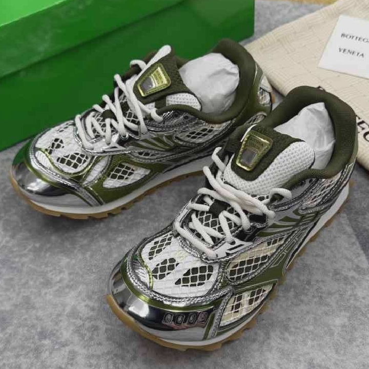 Bottega Veneta Olive Green White Metallic Silver Mesh Sneakers